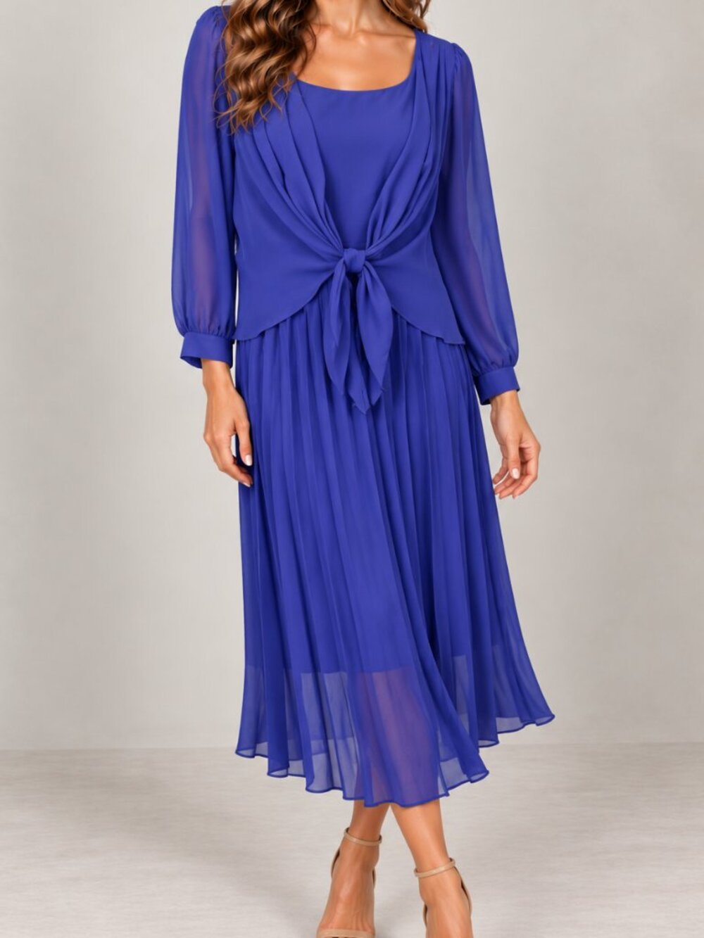 Vintage royal blue dress 3/4 sleeves front tie womens size 12 (N15)